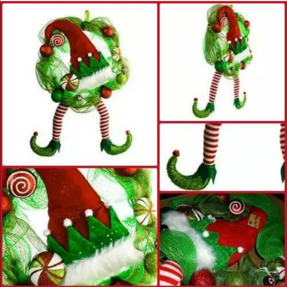 Elf Christmas Wreath Large Whimsical Deco Mesh Cracker Barrel 2015 NIB